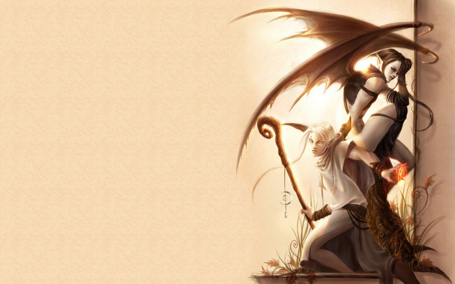 Fantasy-themed HD desktop wallpaper featuring a druid and a magical winged figure in an occult setting, blending mystical and enchanting elements.