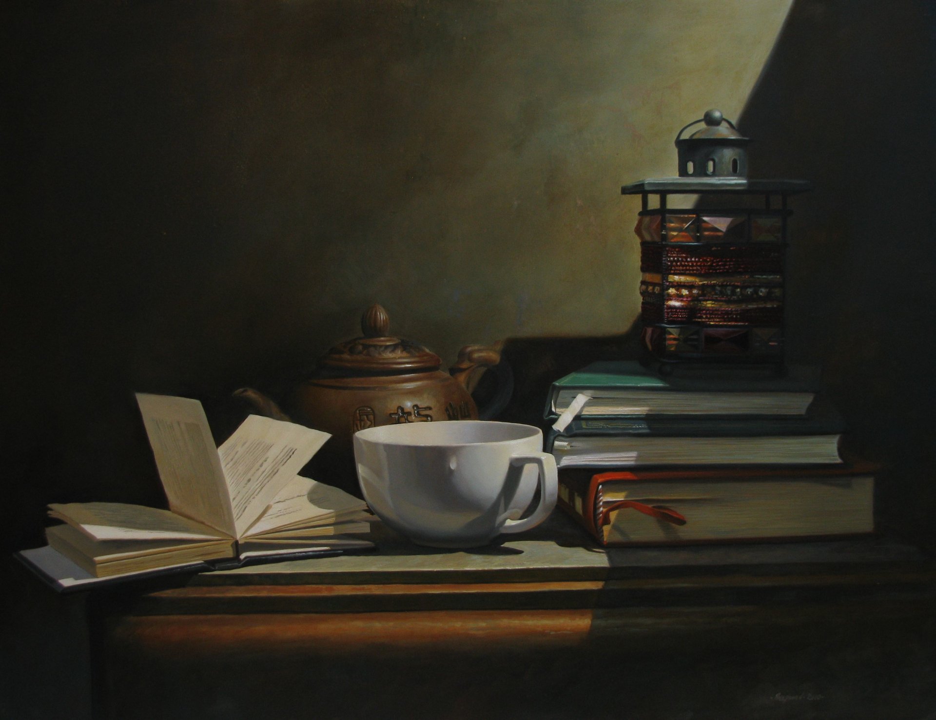 Still life photography: teacup, open book, stacked books, teapot and lantern on a table with warm chiaroscuro lighting — 2K Quad HD PC desktop wallpaper and background.