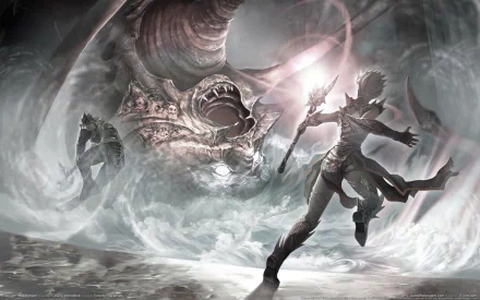 HD PC desktop wallpaper featuring an intense battle scene from the video game Requiem: Bloodymare, with a Naruto-inspired character facing a monstrous creature.