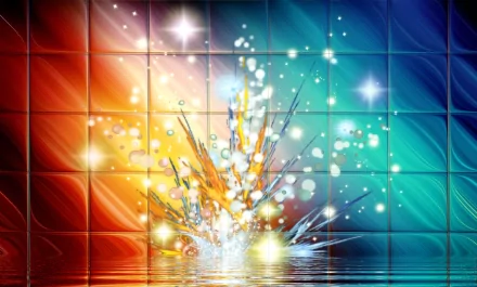 Abstract artistic HD PC desktop wallpaper: bright tiled orange to teal gradient with a central star-like burst, radiant sparkles and splash-like droplets reflected on glossy tiles.