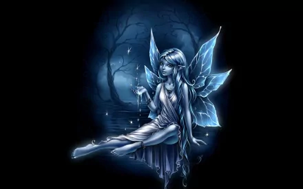 A serene blue fairy sits gracefully by a shimmering lake, surrounded by dark trees, creating a mystical atmosphere in this HD fantasy wallpaper.