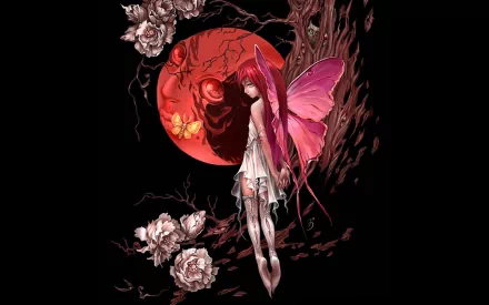 A whimsical fairy with pink wings stands beside a vivid red moon, surrounded by dark branches and blooming roses, creating a captivating fantasy scene for a stunning HD desktop wallpaper.