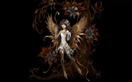 A captivating HD fantasy wallpaper featuring a graceful fairy surrounded by intricate foliage and enchanting flowers, radiating a magical aura.