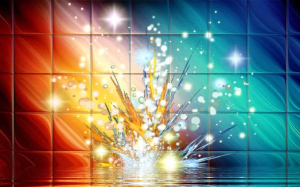 Abstract artistic HD PC desktop wallpaper: bright tiled orange to teal gradient with a central star-like burst, radiant sparkles and splash-like droplets reflected on glossy tiles.