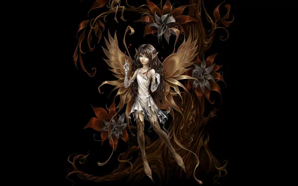 A captivating HD fantasy wallpaper featuring a graceful fairy surrounded by intricate foliage and enchanting flowers, radiating a magical aura.