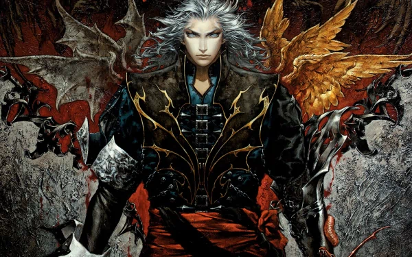 HD PC desktop wallpaper featuring a striking character from the video game Castlevania: Curse of Darkness with intricate dark and fiery wings.