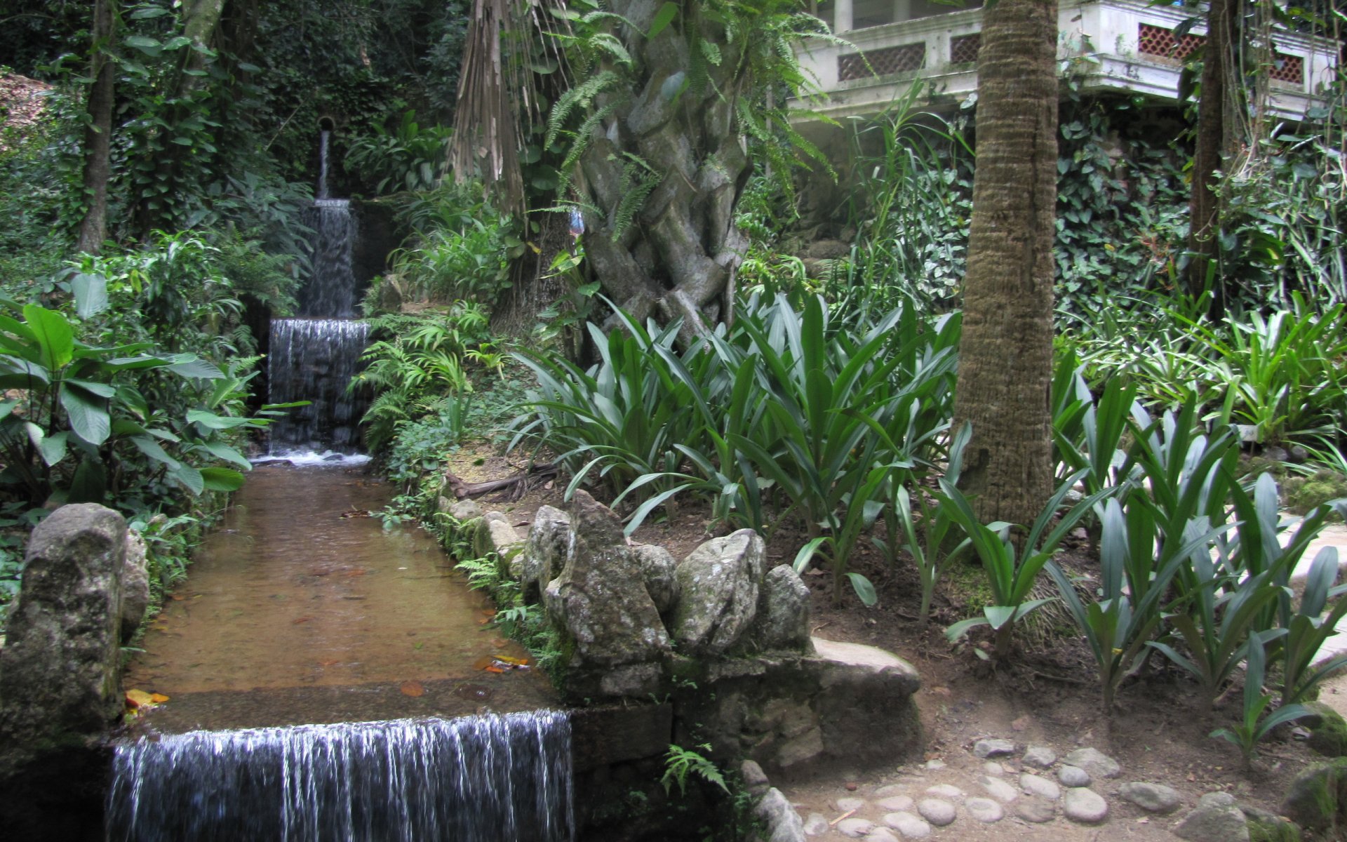 HD PC desktop wallpaper featuring a man-made garden with lush greenery, palm trees, and cascading water streams creating a serene, natural ambiance.