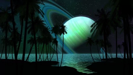 A stunning sci-fi scene featuring a vibrant planet rising over a tranquil ocean, framed by silhouetted palm trees against a starry sky, creating an immersive HD desktop wallpaper.