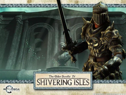 HD PC desktop wallpaper and background from the video game The Elder Scrolls IV: Oblivion showing an ornate golden-armored knight wielding a sword before the Shivering Isles' ruined columns.