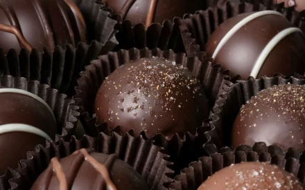 A close-up of assorted chocolate truffles, beautifully arranged in dark liners, showcasing rich textures and tempting toppings. An enticing HD wallpaper for chocolate lovers.