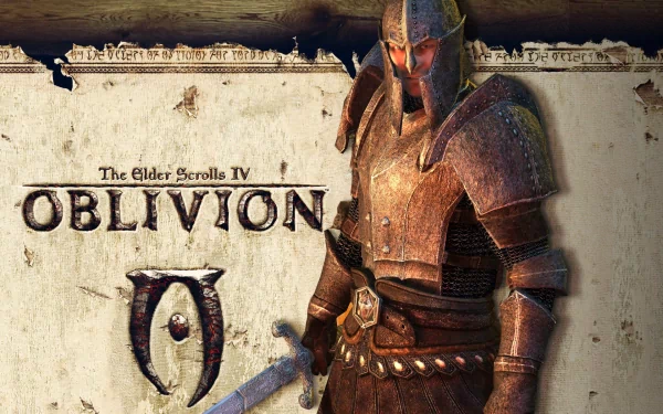 A captivating HD wallpaper for The Elder Scrolls IV: Oblivion, featuring a heavily armored warrior standing against a textured backdrop, embodying the epic fantasy of the game.