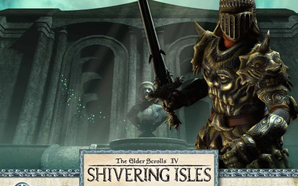 HD PC desktop wallpaper and background from the video game The Elder Scrolls IV: Oblivion showing an ornate golden-armored knight wielding a sword before the Shivering Isles' ruined columns.