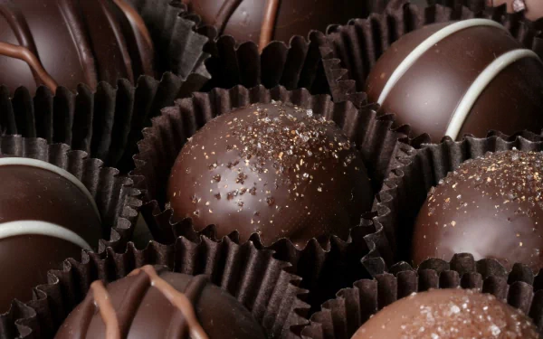 A close-up of assorted chocolate truffles, beautifully arranged in dark liners, showcasing rich textures and tempting toppings. An enticing HD wallpaper for chocolate lovers.