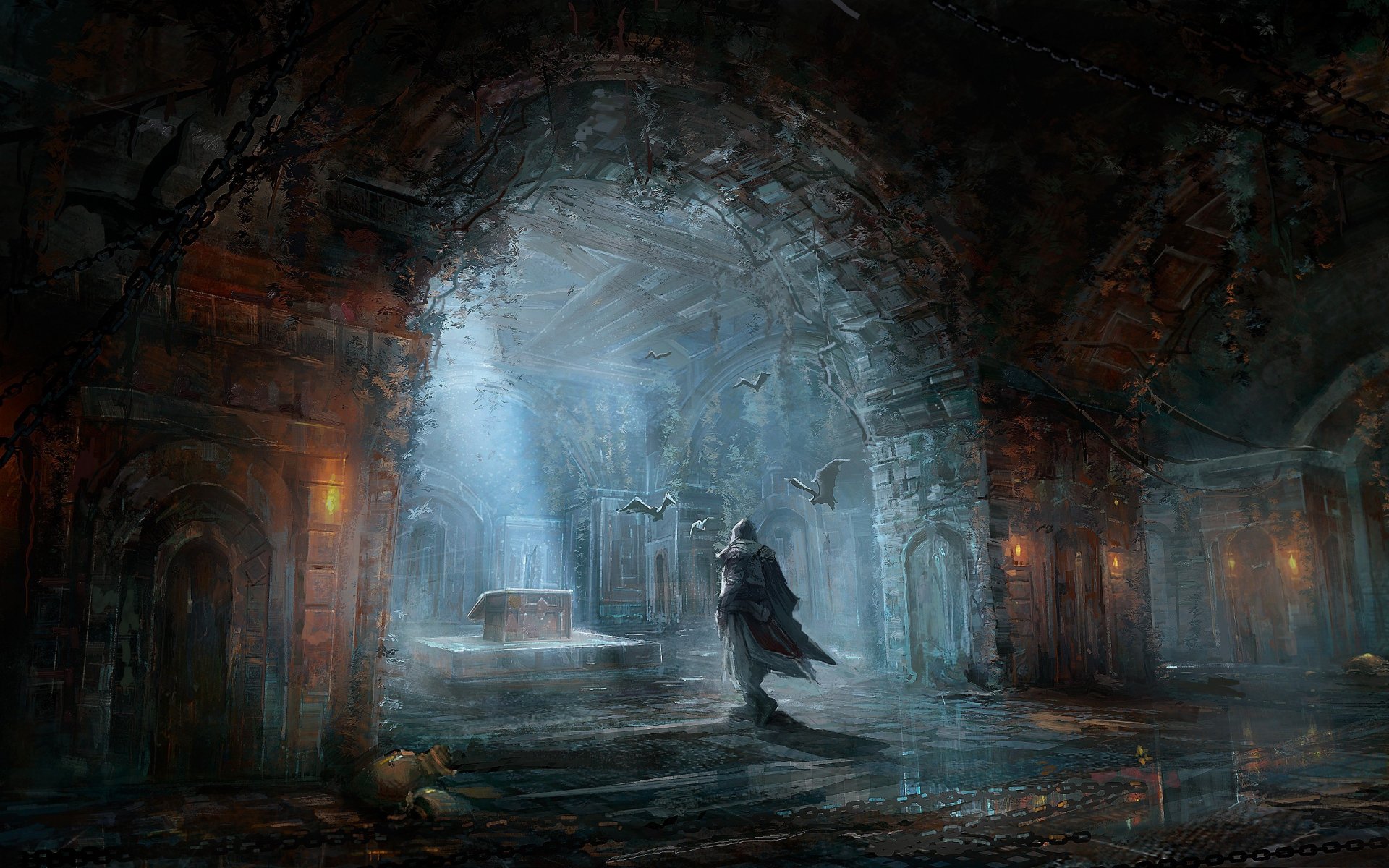 HD PC desktop wallpaper of a dark, atmospheric Assassin's Creed scene featuring a lone hooded figure standing in a dimly lit, ancient stone chamber with beams of light shining through.