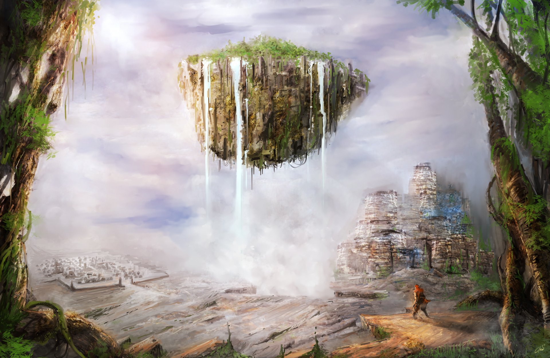 A 4K Ultra HD fantasy artwork depicting a floating island with waterfalls above a misty landscape, blending natural and mystical elements for a PC desktop background.