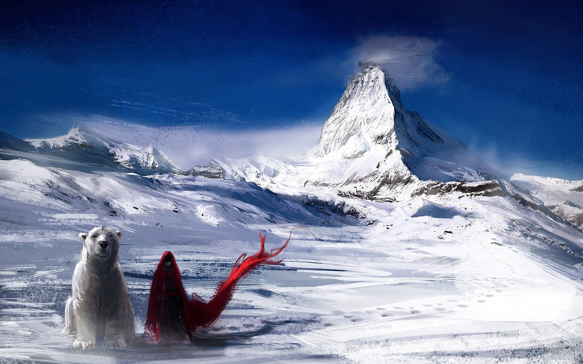 A stunning fantasy landscape featuring a snow-covered mountain with a polar bear and a mysterious figure in red. This HD wallpaper brings a captivating chill to any desktop background.