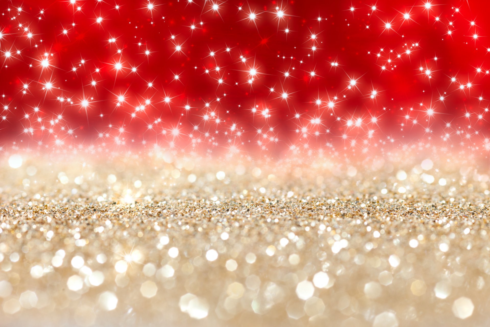 Artistic 4K Ultra HD PC wallpaper featuring shimmering gold glitter foreground against a vibrant red background filled with sparkling stars.