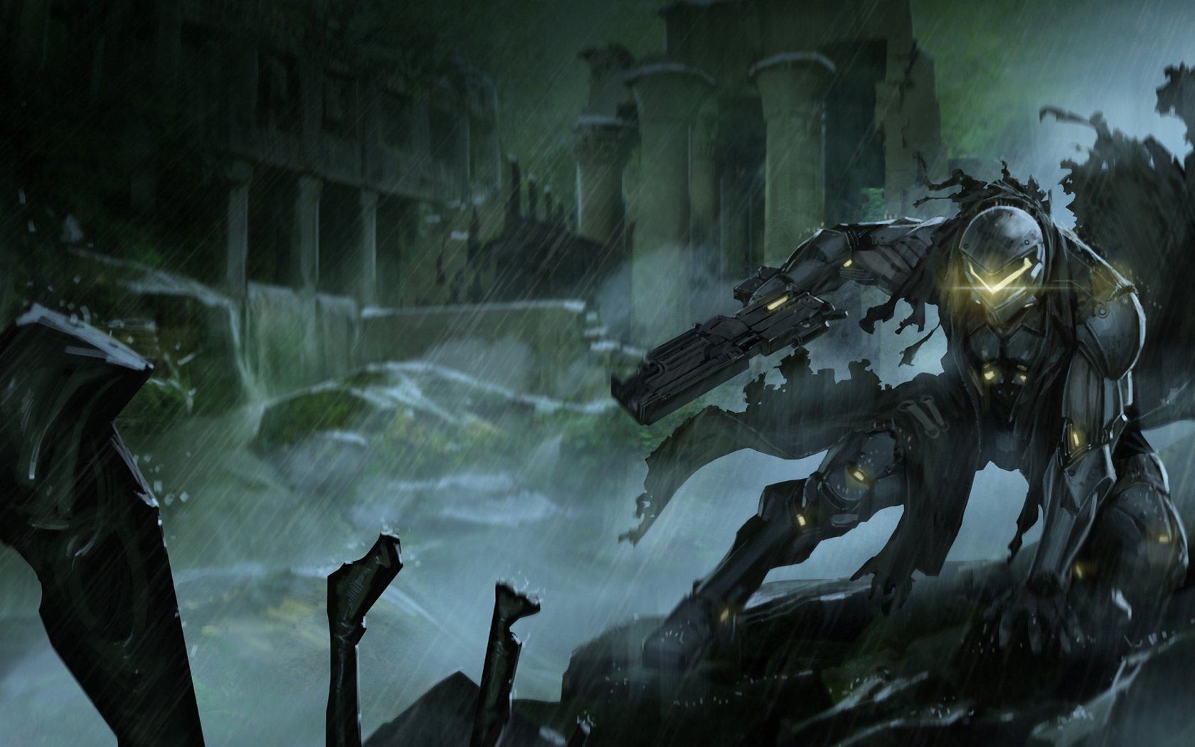 A futuristic warrior stands amidst ruins, armed and poised for battle in a dark, atmospheric sci-fi setting. An engaging HD wallpaper for desktop backgrounds.