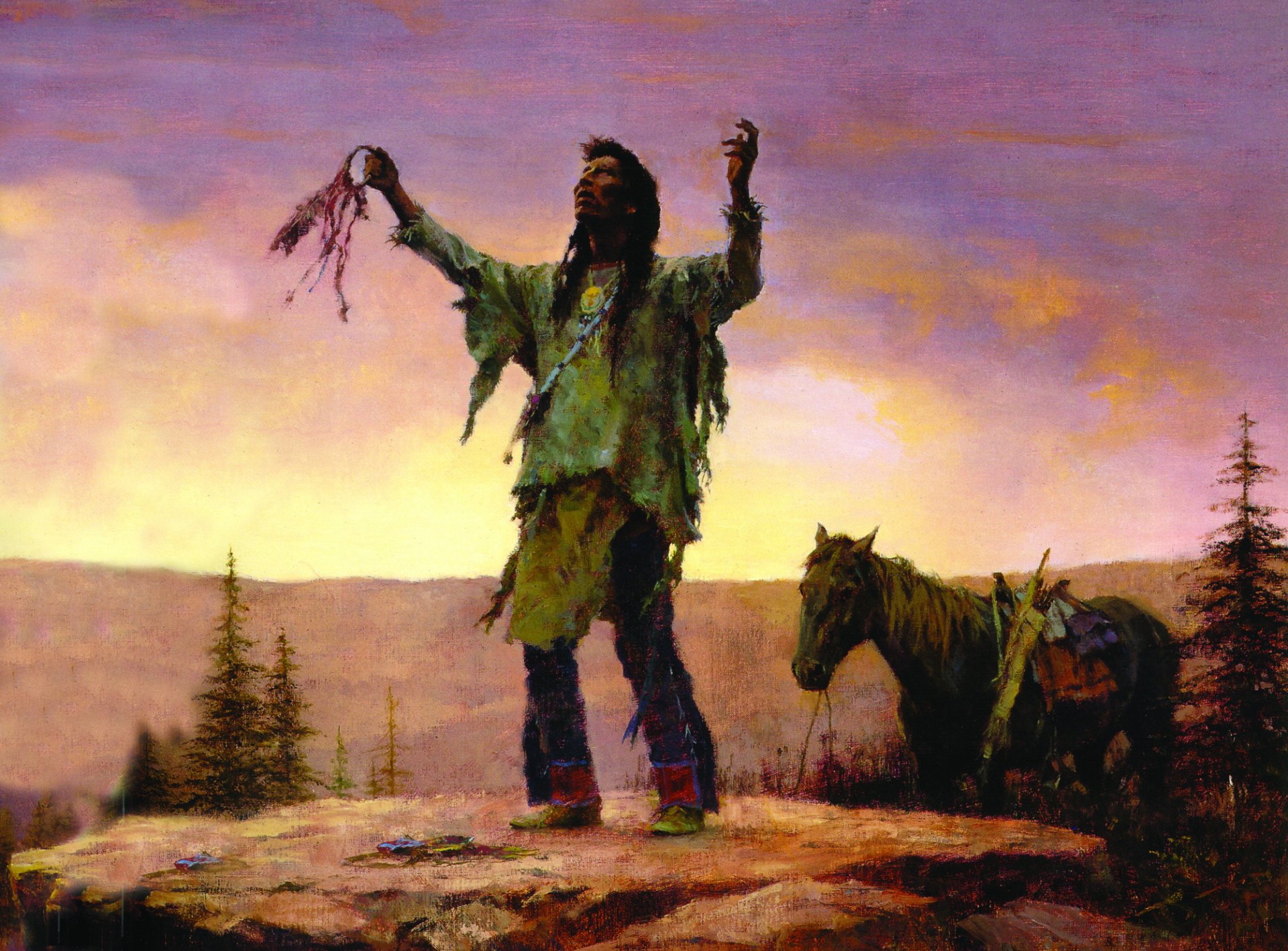 Artistic HD desktop wallpaper depicting a Native American man in traditional attire with a horse, standing on a hill at sunset.