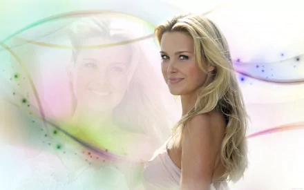 HD PC desktop wallpaper featuring celebrity Petra Němcová with a soft, colorful abstract background and a faded portrait of her smiling.