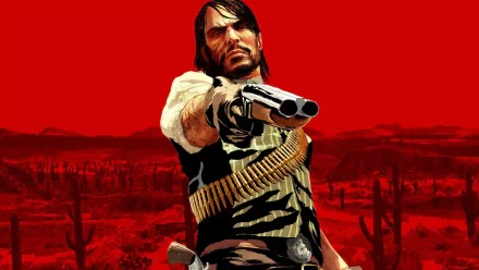 A dynamic HD wallpaper featuring a central figure from Red Dead Redemption, poised with dual guns against a striking red backdrop and a desert landscape.