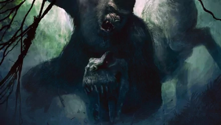 A stunning HD desktop wallpaper featuring a fierce King Kong amidst a dark, fantastical jungle setting, showcasing its immense power and presence in a dramatic, mystical atmosphere.