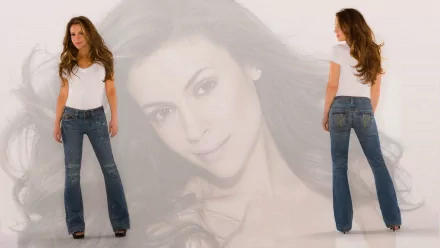 HD PC desktop wallpaper featuring celebrity Alyssa Milano in front and back poses with a large faded portrait of her face in the background.