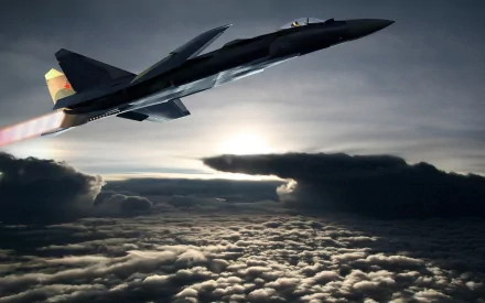 Sukhoi Su-47 jet banking above cloud tops at dusk with afterburner glow — 2K Quad HD military PC desktop wallpaper.