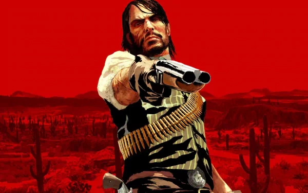 A dynamic HD wallpaper featuring a central figure from Red Dead Redemption, poised with dual guns against a striking red backdrop and a desert landscape.