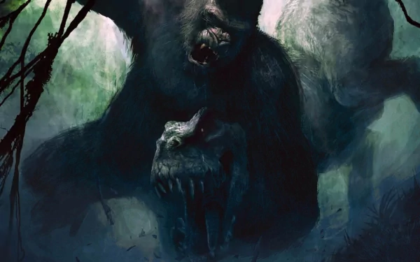 A stunning HD desktop wallpaper featuring a fierce King Kong amidst a dark, fantastical jungle setting, showcasing its immense power and presence in a dramatic, mystical atmosphere.
