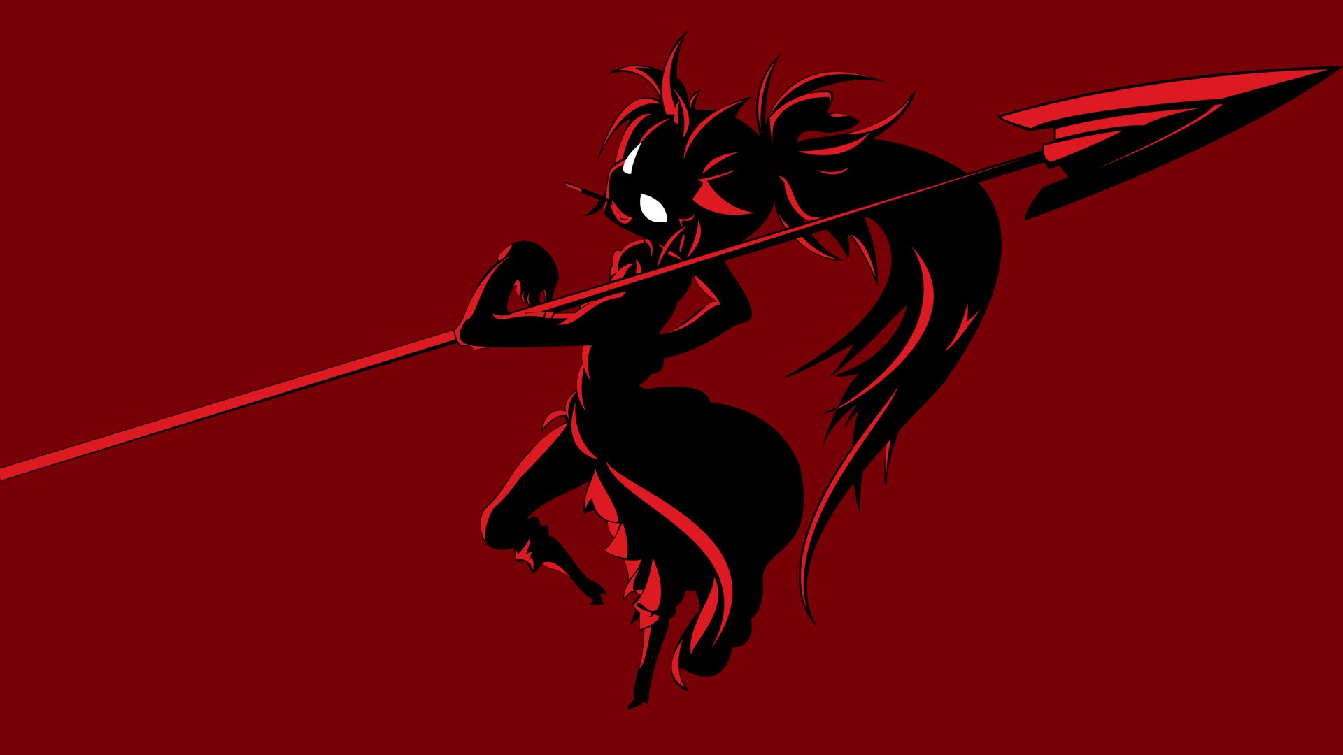 Kyōko Sakura from Puella Magi Madoka Magica brandishes a spear against a bold red background in this striking HD desktop wallpaper.