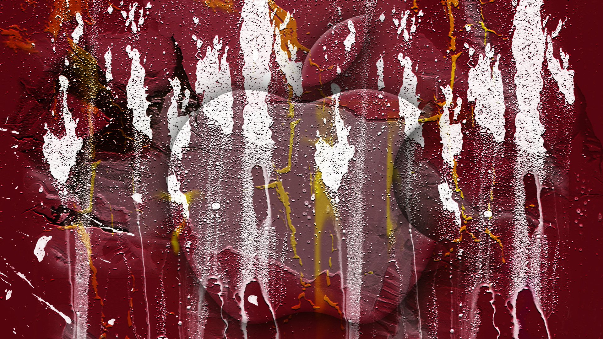 HD PC desktop wallpaper: grunge red textured background with white and yellow paint drips over a faint Apple logo — Apple Inc. technology-themed artwork.