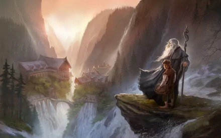 HD desktop wallpaper depicting Rivendell from The Lord of the Rings, featuring a fantasy landscape with towering cliffs, waterfalls, and two characters overlooking the valley.