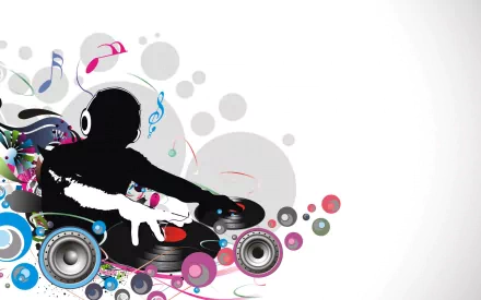 A vibrant HD wallpaper featuring a DJ mixing on turntables, surrounded by colorful music notes and abstract shapes, creating an energetic musical vibe.