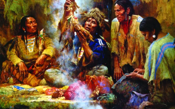 A vivid HD wallpaper showcasing a Native American scene, featuring four individuals engaged in a traditional ceremony amidst a smoky, richly colored backdrop.