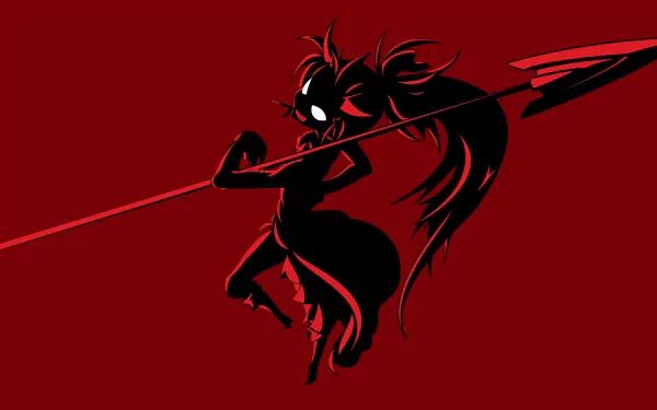 Kyōko Sakura from Puella Magi Madoka Magica brandishes a spear against a bold red background in this striking HD desktop wallpaper.