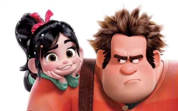 Vanellope von Schweetz smiles playfully while Ralph frowns, capturing the charm of Wreck-It Ralph in this vibrant HD desktop wallpaper.