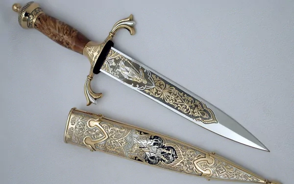 A detailed ornate knife with a metallic blade and decorative handle, accompanied by an intricately designed scabbard, set against a neutral background for a striking HD desktop wallpaper.
