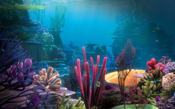 A vibrant underwater scene from the movie Finding Nemo, featuring colorful coral and marine life, suitable as an HD desktop wallpaper or background.