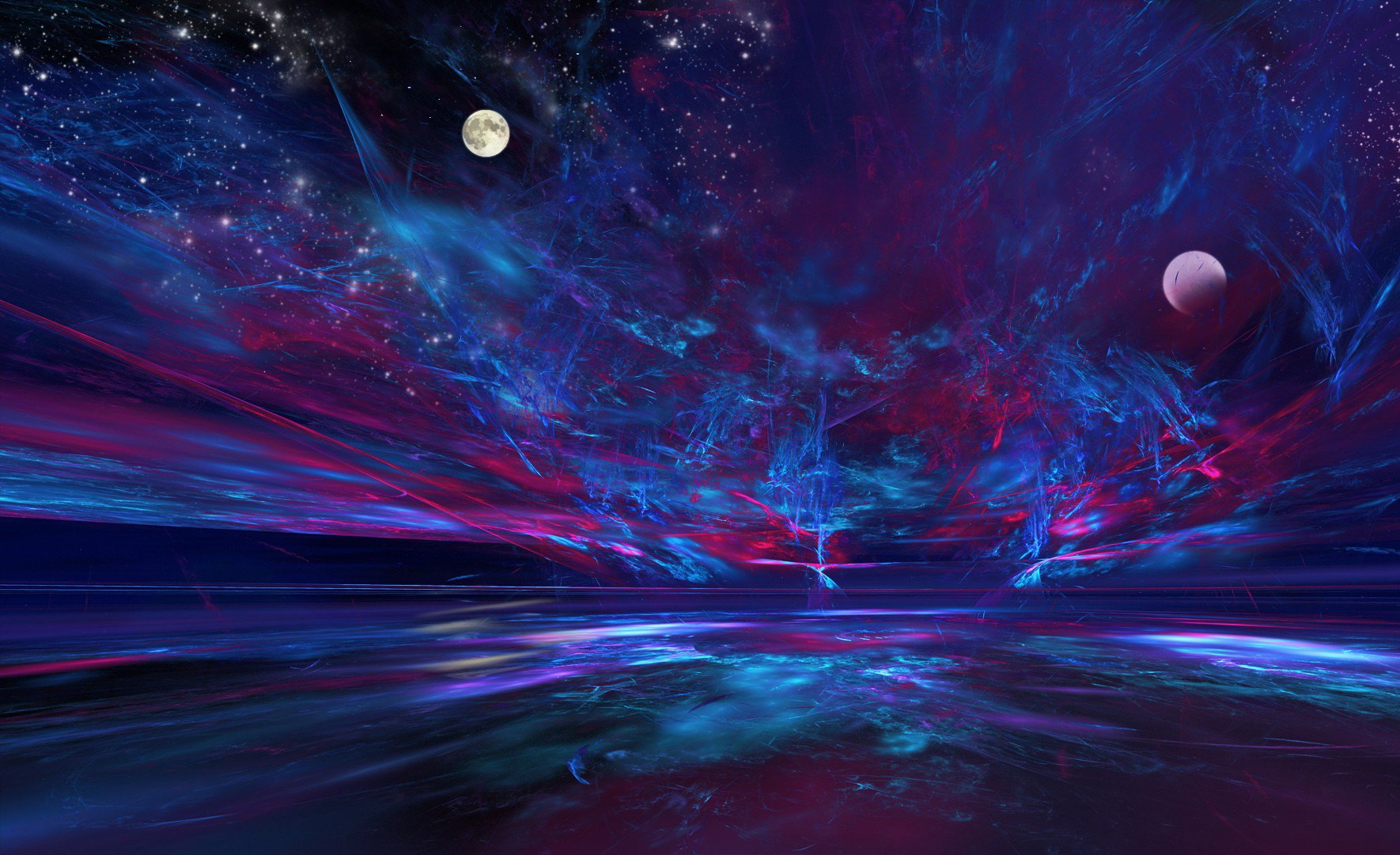 HD PC desktop wallpaper featuring an abstract purple celestial scene with vibrant clouds, a full moon, and a distant planet over a reflective water surface.