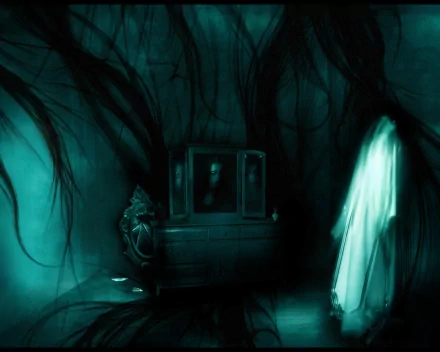 HD desktop wallpaper featuring a dark, eerie scene with a ghostly figure in a glowing white gown, standing in front of an old dresser. Black tendrils create an ominous atmosphere around the ghost.