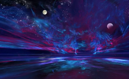 HD PC desktop wallpaper featuring an abstract purple celestial scene with vibrant clouds, a full moon, and a distant planet over a reflective water surface.