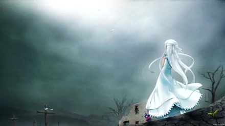 HD PC desktop wallpaper from Anime Shinigami no Ballad featuring a white-haired character in a flowing dress standing on a rooftop under a cloudy, moonlit sky.