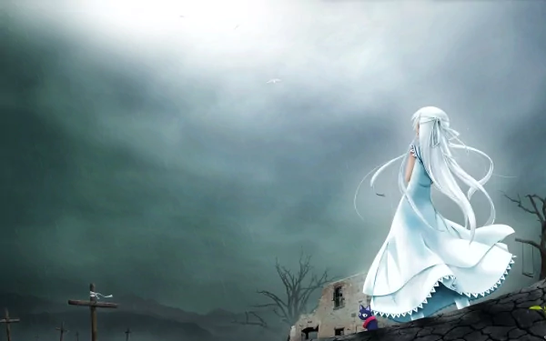 HD PC desktop wallpaper from Anime Shinigami no Ballad featuring a white-haired character in a flowing dress standing on a rooftop under a cloudy, moonlit sky.