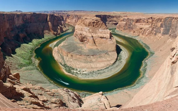 HD PC desktop wallpaper and background: Horseshoe Bend nature scene — aerial view of the Colorado River looping around a sandstone meander beneath a clear blue sky.