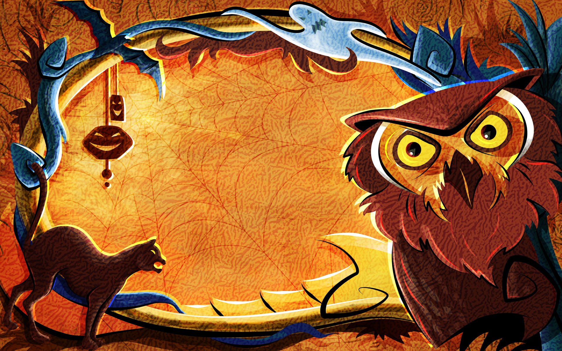 HD Halloween desktop wallpaper featuring an owl, a black cat, and hanging decorations, framed with blue and orange autumnal elements.