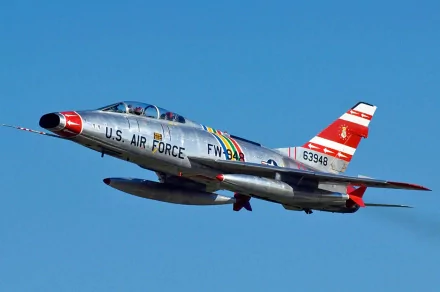 North American F-100 Super Sabre military jet in U.S. Air Force markings flying against a clear blue sky — HD PC desktop wallpaper/background.