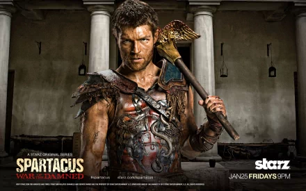 HD PC desktop wallpaper featuring a fierce warrior from the TV show Spartacus: War of the Damned, showcasing intense armor and weaponry in a dramatic setting.