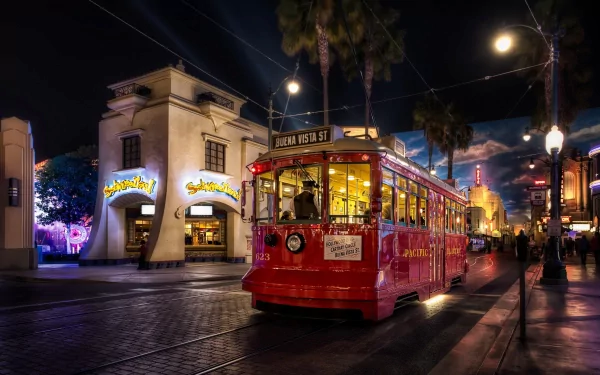 HD PC desktop wallpaper featuring a vibrant red streetcar illuminated at night on a city street, with buildings and palm trees under streetlights in the background.