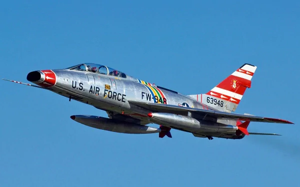 North American F-100 Super Sabre military jet in U.S. Air Force markings flying against a clear blue sky — HD PC desktop wallpaper/background.